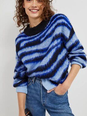 By Anthropologie Salma Striped Eyelash Sweater Black and Blue Size XS Women's